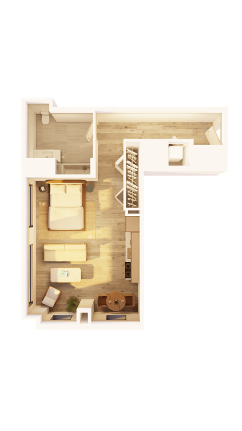 Floor plan for studio, 1 bath, 629 sqft